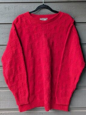 VTG 90s Signature Expressions 100% Cotton Bright Red Chunky Knit Sweater Large